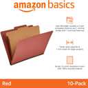 Amazon Basics Classification File Folder, 1 Divider, 2" Embedded Fasteners, Letter Size, 100% Recycled Material, Red, 10 Count