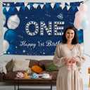 JOYKY Happy 1st Birthday Banner, Blue Silver Happy 1st Birthday Party Decorations for Boys, One 1 Year Old Supplies Backdrop Dcor, 5.9 X 3.8 Fts