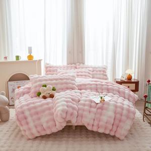 Rabbit Plush Kids Girls Pink White Comforter Sets Twin/Full - 3PC Faux Fur Bed Set Skin Friendly Soft Warm Velvet Flannel Fluffy Fuzzy BeddingComforter x 1 Pillowcases x 2