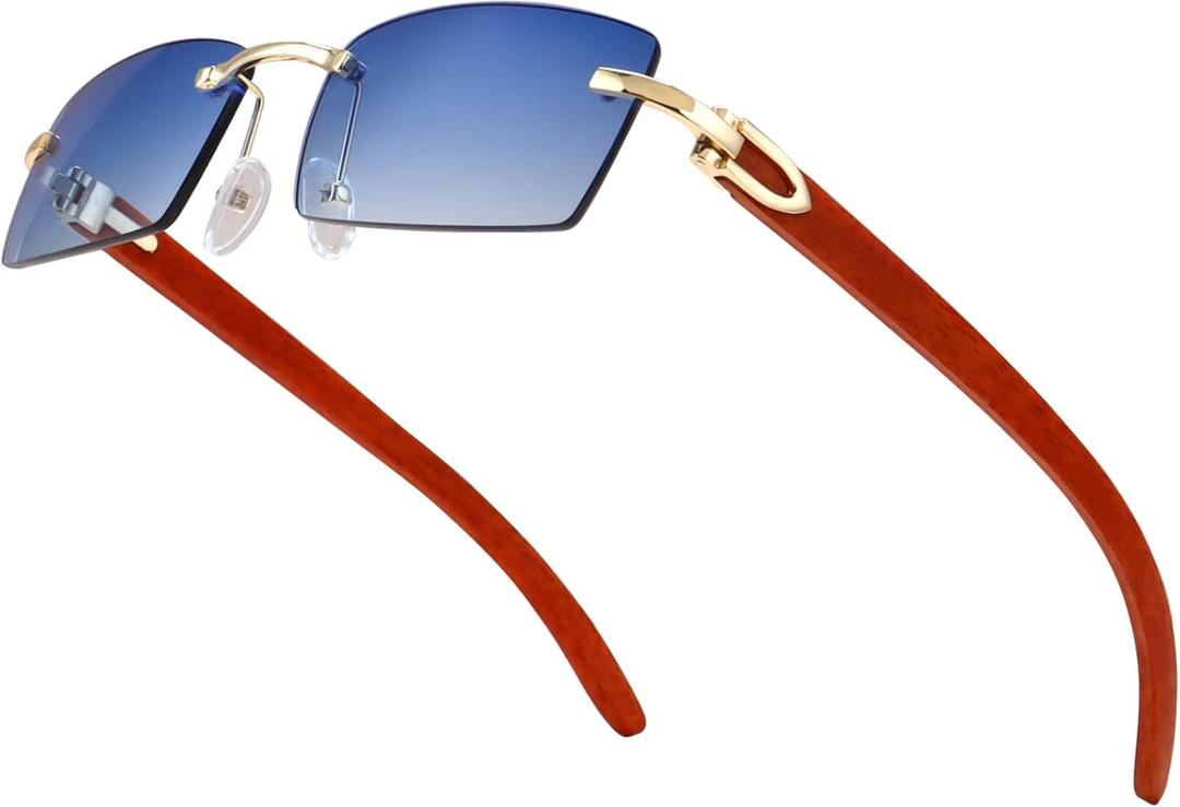 Dollger Sunglasses for Women Men Retro Metal Frame Rectangle Square Sunglasses 70s 80s Large Designer Shades (A5:imitation Wood-gold /Blue)