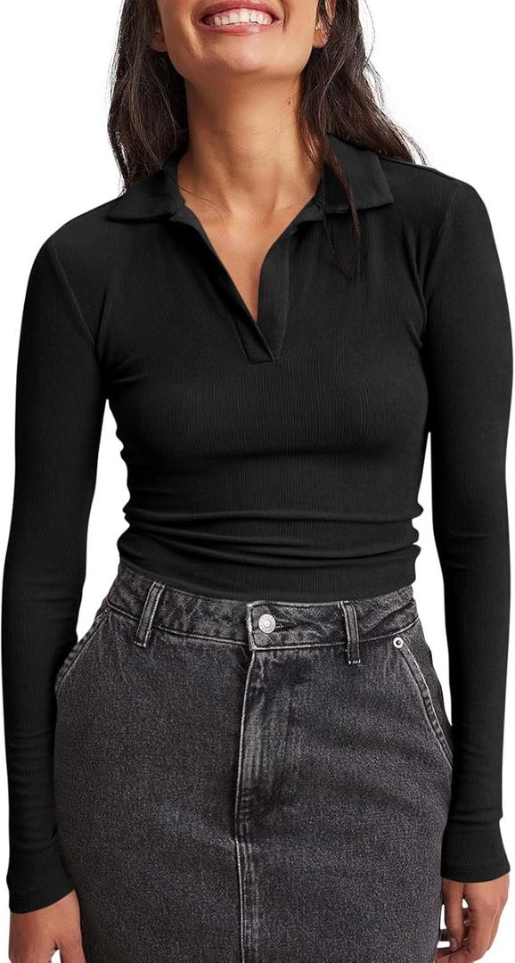 Tankaneo Womens Long Sleeve Polo Shirts V Neck Collared Work Shirt Slim Fit Ribbed Knit Basic Going Out Fall Tops (X-Large, Black)