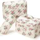 Makeup Bag 3Pcs, Cute Makeup Pouch, Quilted Make up Bag for Women, Large Travel Cosmetic Organizer, Zipper Pouch, Pink Flower
