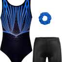 Gymnastics Leotards for Girls with Shorts Sparkly Ballet Dance Activewear (4-5T, Black-blue Line Set)