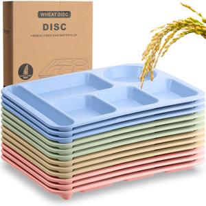 Pinkunn 12 Pcs 14'' Large Divided Plates Unbreakable Wheat Straw Lunch Trays 6 Compartments Cafeteria Trays Microwave Dishwasher Safe Food Separator Plates (Beige, Blue, Green, Pink)