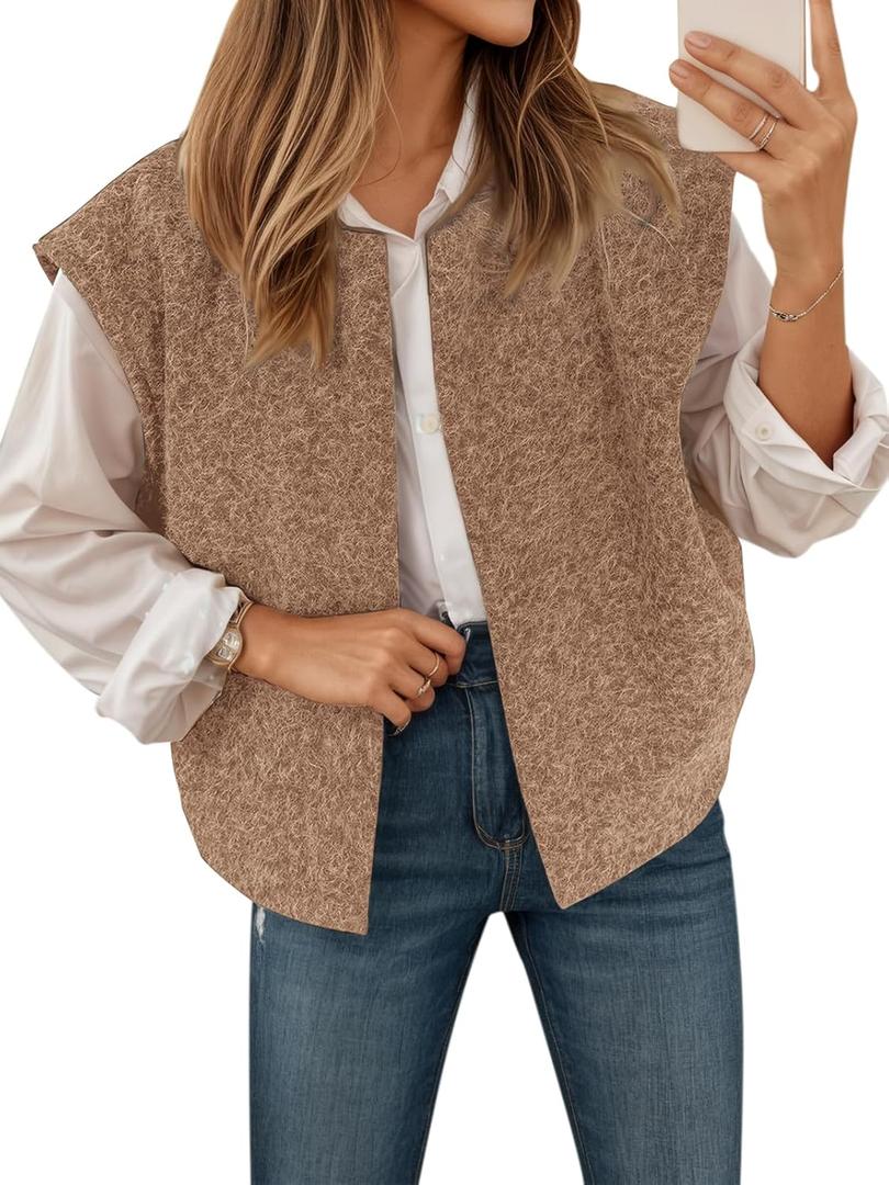 Yousify Womens Fuzzy Vest Cap Sleeve Crew Neck Knit Sweater Fall Casual Open Front Vest Outerwear (Large, Coffee)