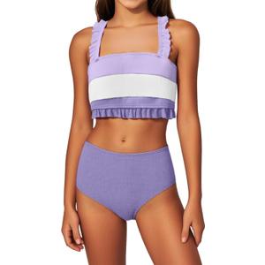 Mioglrie Girls Bathing Suit Kids Swimsuits Teen Tankini Girls' Swimwear Beach Ruffle Tween Bikini Sets Size 7-14 (7-8 Years, Purple)
