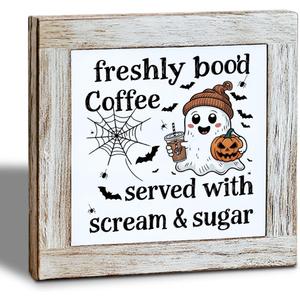 Halloween Coffee Decor, Fall Decors Art, Funny Wooden Box Sign for Home Kitchen Decor, Freshly Boo'd Coffee Sign, Coffees Bar Decoration for Desk Table, Funny Ghost Decors 5.9x5.9 inches