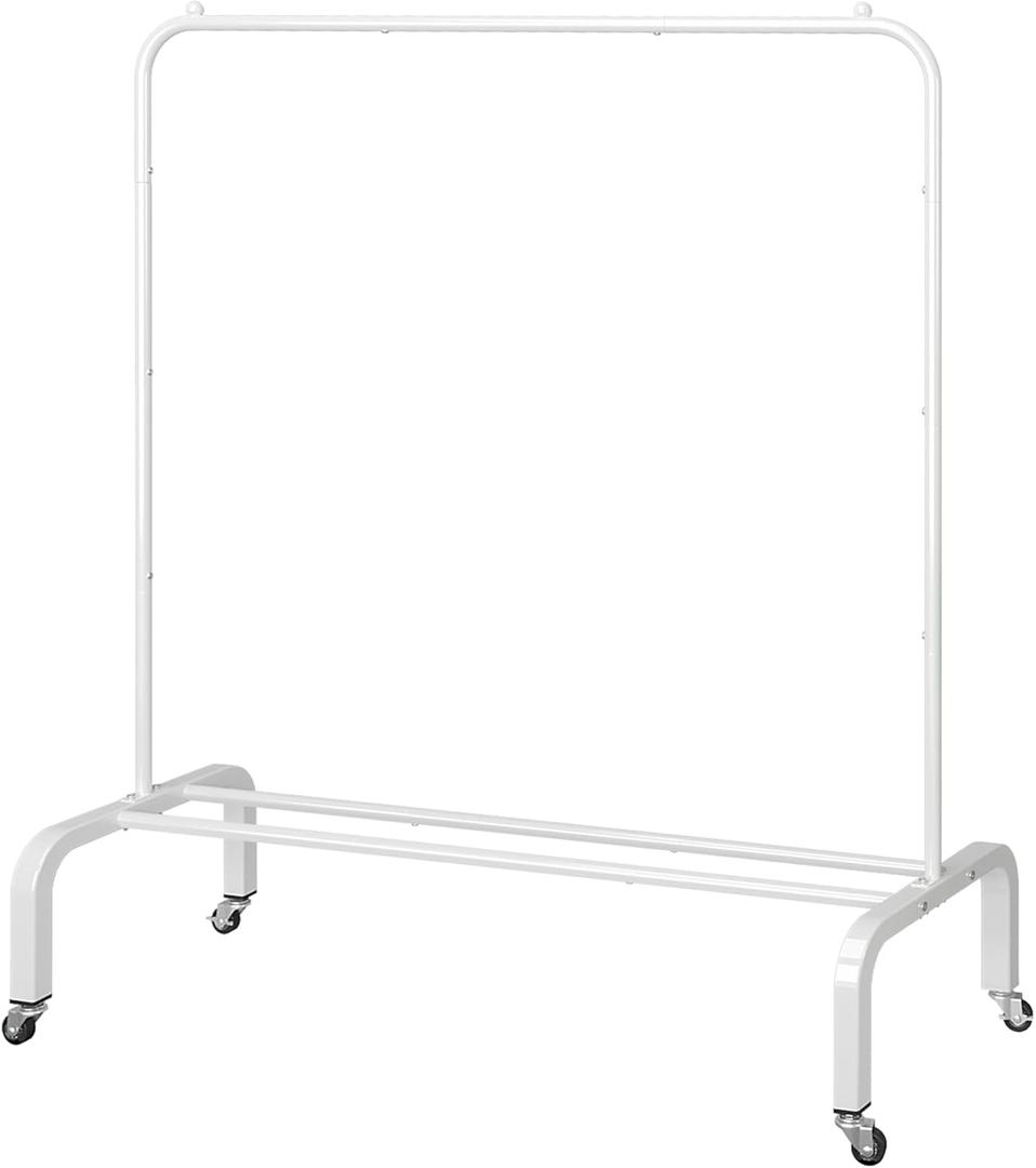 JIUYOTREE Metal Clothing Rack with Wheels, 43.3 Inches Rolling Clothes Garment Coat Rack with Bottom Shelf, Clothing Rack for Hanging Clothes, Coats, Skirts, Shirts, Sweaters, White