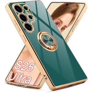 for Samsung Galaxy S25 Ultra Case, Built-in 360 Ring Holder Magnetic Stand Phone Cover, Luxury Shiny Plating Edge Electroplated for Women (Green/Golden)