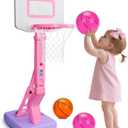 Toddler Girl Basketball Hoop Indoor Pink Adjustable Mini Basketball Goal with Ball Pump for Outdoor Poolside Toys Backyard Game Outside Basketball Toy for Kids Age 3-5 6 7 4-8 Birthday Gift