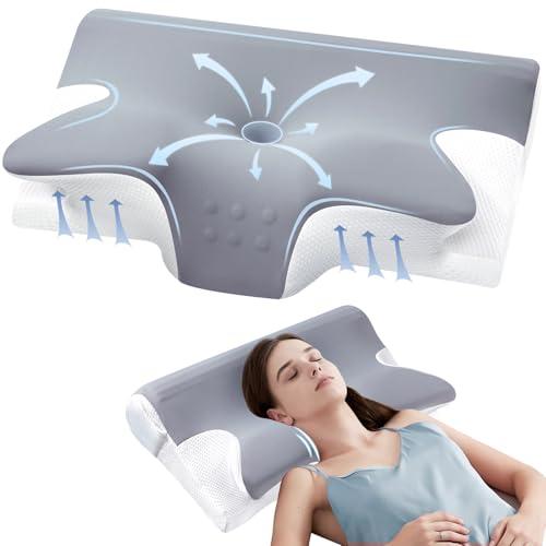 Effective Pain Relief Cervical Neck Pillow for Sleeping, Memory Foam Pillows for Neck Support, Odorless Contour Side Pillow, Ergonomic Bed Pillow for Back Stomach Sleeper (Grey and White, Queen)