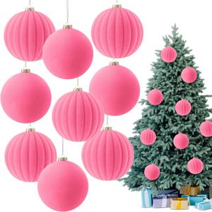 Syhood 9 Pcs 4 Inch Velvet Christmas Balls Large Velvet Xmas Tree Ornaments Balls Decorations Hanging Flocked Ornaments for Christmas Tree Home Garland Holiday Party Decor (Pink)