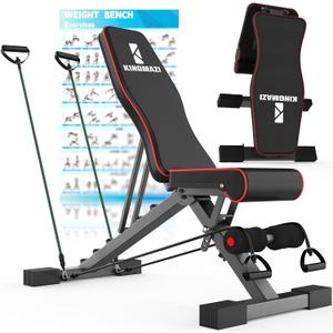 Adjustable Weight Bench, Exercise Workout Bench for Full Body Workout- Multi-Purpose Foldable Bench, Folding Dumbbells Bench with Resistance Band Set (black red)