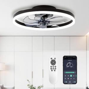 STERREN 20'' Modern Low Profile Ceiling Fan with Light, Bedroom LED Ceiling Fan with Remote Control, Bladeless Flush Mount Black Fan Lights Ceiling Fixtures for Living Room,Small Room, 19.7 inch