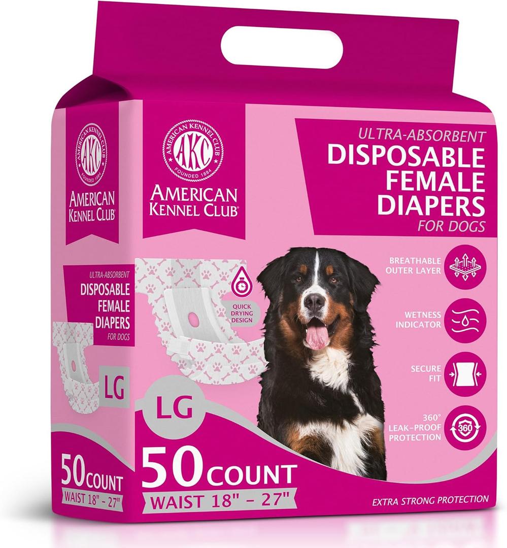 American Kennel Club Female Dog Wrap, Disposable Diapers with Wetness Indicator (L Low Tail (1827 in), 50 Count)