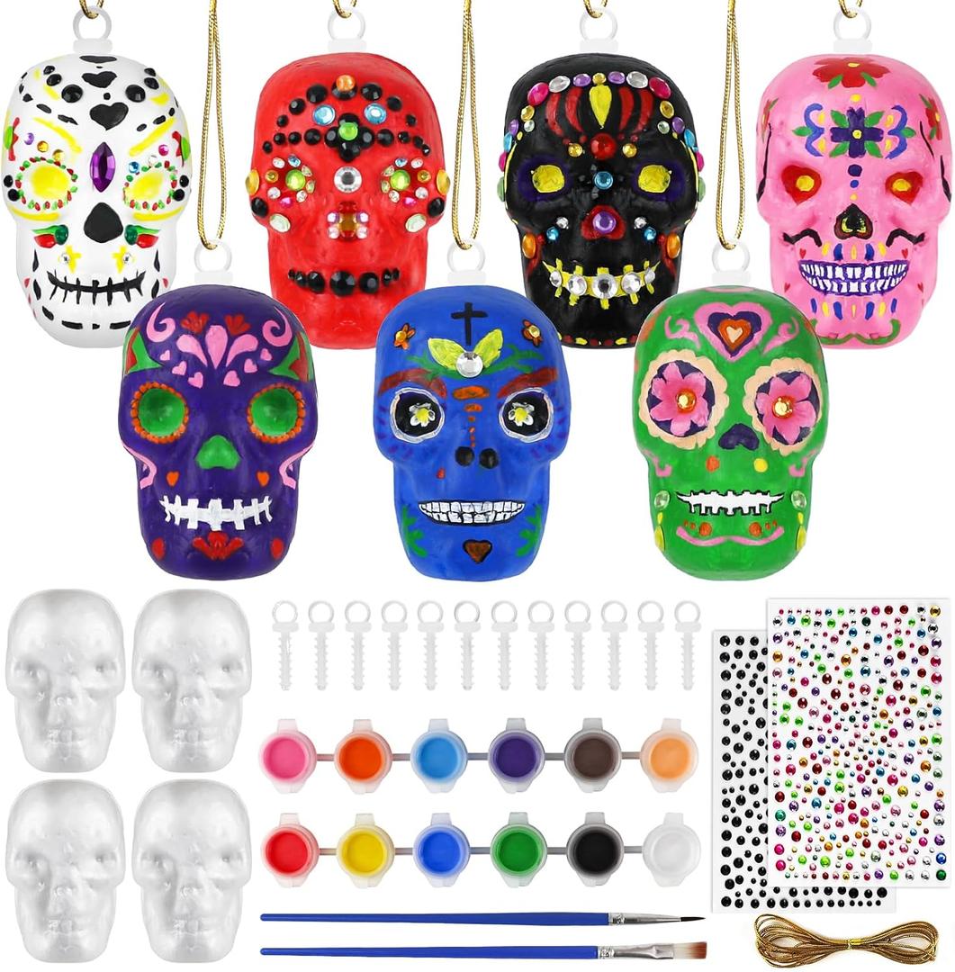 12PCS Day of the Dead Ornaments-Dia De Los Muertos Sugar Skull Decorations Crafts Kit, DIY Halloween Hanging Foam Skeleton Head Decor for Altar De Muertos Halloween Party Christmas Tree Decorations