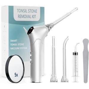 Tonsil Stone Remover Kit - Electronic Tonsil Stone Vacuum with Built-in LED Light - Tonsil Stone Removal Kit with 3 Levels Suction - Instant Suction - Irrigator and 5X Magnifying Mirror (White)