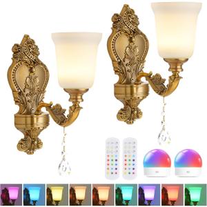 Battery Operated Wall Sconce Set of 2, RGB Dimmable Rechargeable Wall Light with Glass Shade, 48hr Battery Life Wireless Sconce with Remote Control Timer, Farmhouse Rustic Style Wall Lighting Fixture