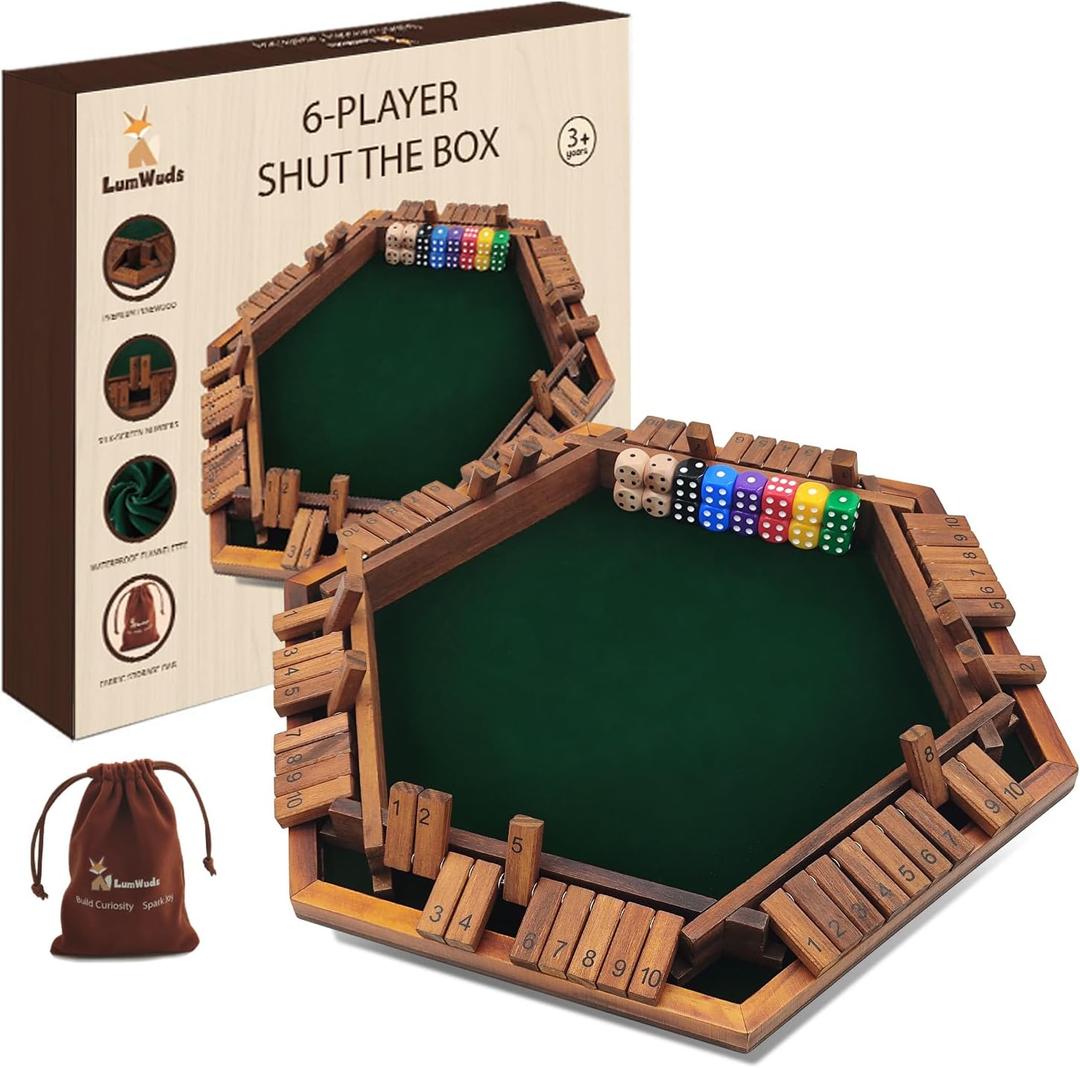 Shut The Box Game Wooden Board Game for 1-6 Players with 16 Dice, Dice Game for Adults & Kids at Home, Classroom or Parties