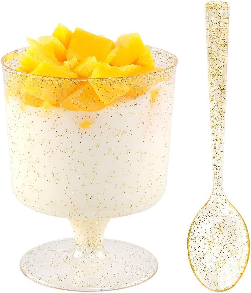 WDF 96PACK 7oz Gold Glitter Medium Large Plastic Dessert Cups With Spoons-48 Disposable Appetizer Cups |Goblet Glasses & 48 Gold Glitter Tasting Spoons for Thanksgiving Party WDF 96PACK 7oz Gold Glitter Medium Large Plastic Dessert Cups With Spoons-48 Disposable Appetizer Cups |Goblet Glasses & 48 Gold Glitter Tasting Spoons for Thanksgiving Party