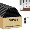 56 Pack 32 inch Aluminum Balusters for Deck Railing,Black Round Metal Spindles for Staircase,3/4" Diameter Hollow Deck Ballasters with Screws and Connectors for Railing Fencing Porch Stair Spindles