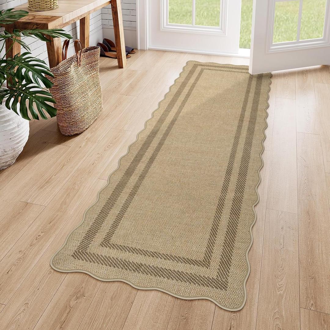 LIVEBOX Scalloped Washable 2x6 Kitchen Runner Rug, Easy Jute Geometric Tan Rugs for Entryway Hallway, Indoor Outdoor Non Slip Rug Farmhouse Modern Carpet Door Mat for Porch Bedroom Laundry Room