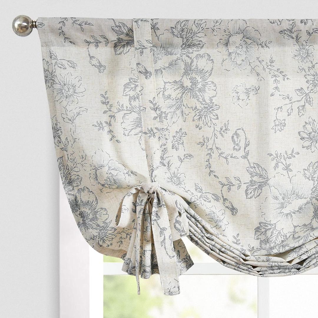 jinchan Tie Up Valance Curtain Gray Floral Linen for Windows Farmhouse Valance 45 Inch Peonies Botanical Short Window Treatment Adjustable Length for Kitchen Living Room Light Filtering 1 Panel Grey