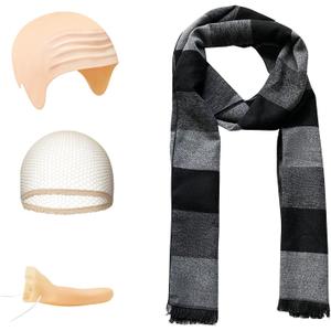 ATAMET 4 PCS Adults Costume Accessories Black Gray Striped Scarf Fake Nose Latex Bald Head Wig Cap Halloween Party Set for Cosplay (Black)