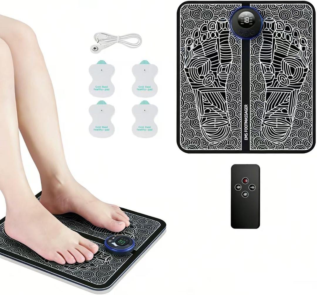 EMS Foot Massager Machine for Neuropathy, TENS Foot Muscle Stimulator for Pain Relief with Remote, Portable Feet Massage Tools Gifts for Women Men, 8 Modes 19 Intensities with 4 Electrodes Pads