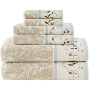 Madison Park Serene 100% Cotton Bath Towel Set Luxurious Floral Decorative Towels for Bathroom Embroidered Cotton Jacquard Design Soft Highly Absorbent for Shower 600 GSM, Multi-Sizes, Blue 6 Piece (Cream, Blue)