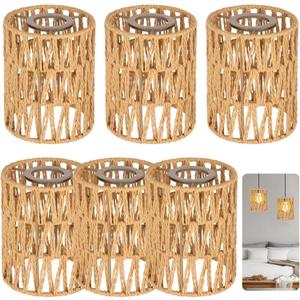 6 PCS Rattan Lamp Shade,Small Wicker Pendant Light Shade - Cylinder Woven Wicker Lampshades Replacement,Paper Rope & Metal Frame,Bohemian Ceiling Hanging Light Shades for Wall Light