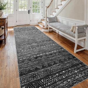 4x12 Washable Hallway Runner RugMoroccan Non-Slip Wide Runners for Entryway Kitchen Soft Modern Geometric Low-Pile Rugs for Living Room Thin Waterproof Carpet for Bedroom Bathroom Laundry(Black,4x12)