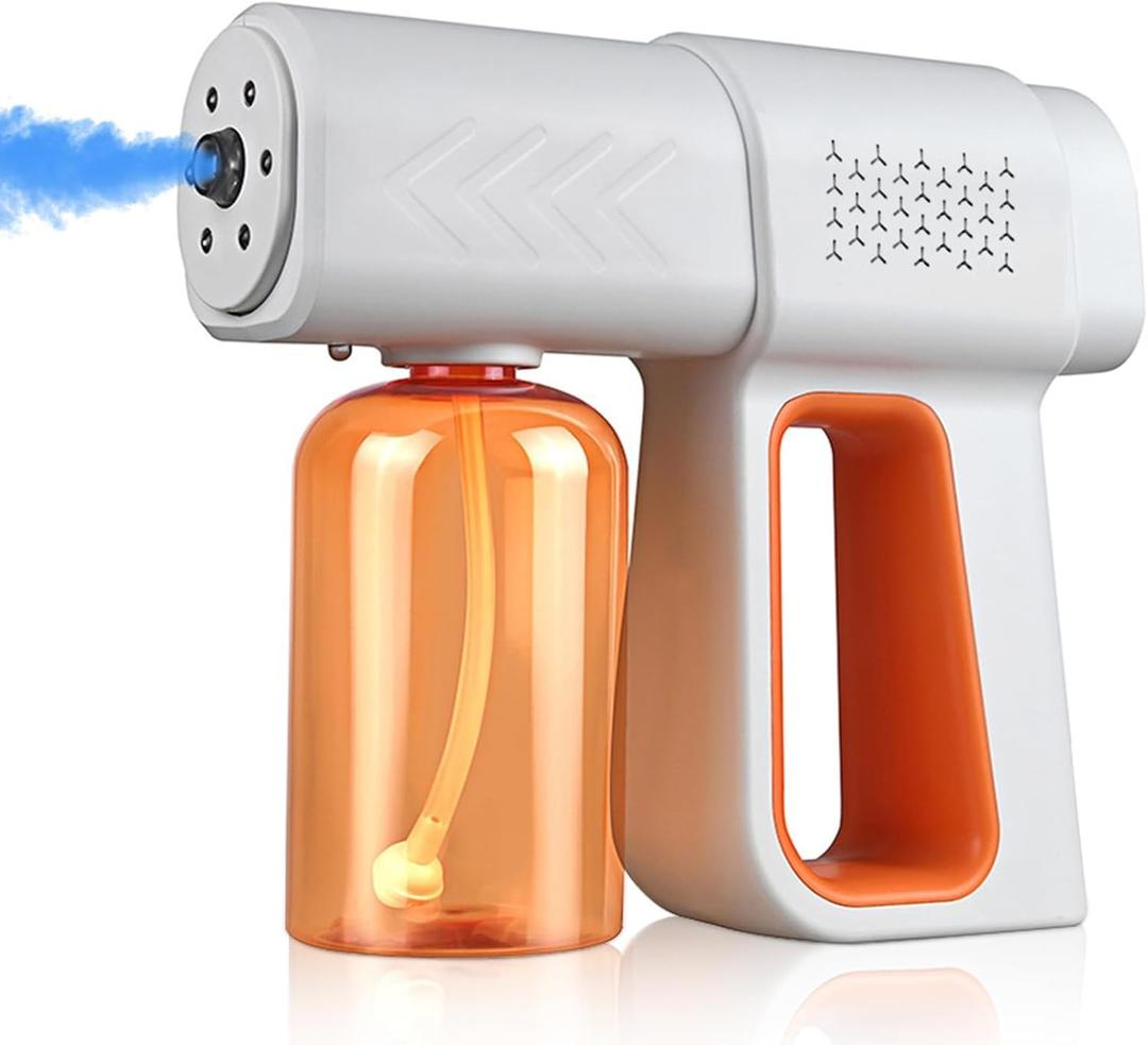 Professional Disinfectant Fogger Machine, 380ml Wireless Nano Sprayer Gun Handheld Sanitizer Fogger, Blue Light Foggers for Touchless Sanitization (Orange)