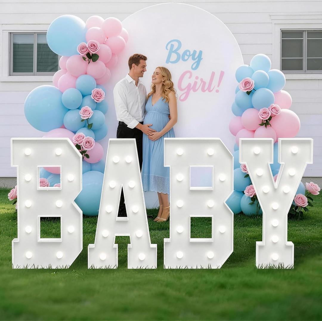 4FT Baby Marquee Letters for Baby Shower for Girl Boy, Large Light Up Sign for Backdrop, Gender Reveal Party Decorations Supplies (White),4pcs