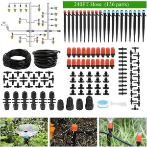 240FT Drip Irrigation System Kit, Automatic Garden Watering Misting System for Greenhouse, Yard, Lawn, Plant with 1/2 inch Hose 1/4 inch Distribution Tubing and Accessories (240 FT (40FT Main tube+200FT Distribution tube))