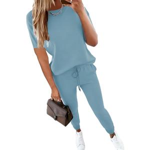 HBQ Women's Color Block 2 Piece Outfits Summer Travel Tracksuit Short Sleeve Tops High Waisted Jogger Pants Lounge Sets-Light Blue-L