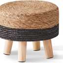 Cpintltr Ottoman Natural Seagrass Footrest Poufs Hand Weave Round Foot Stool for Couch Desk Soft Step Stool Padded Foot Rest with Pine Legs for Living Room Bedroom Natural/Black