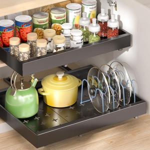 Delamu 2 Pack 16" Deep Pull Out Cabinet Organizer with 6 Dividers, Expandable (11.7 "-20" W) Pull Out Drawers for Cabinets, Cabinet Trays Pull Out for Cabinets in Kitchen, Pantry or Bathroom (Black)