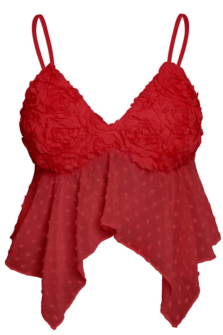 AIMISHI Sexy 3D Flower Crop Top for Women Y2K V Neck Tank Tops Spaghetti Strap Ruffle Camisole Summer Going Out Outfits Red Small (Red, S)