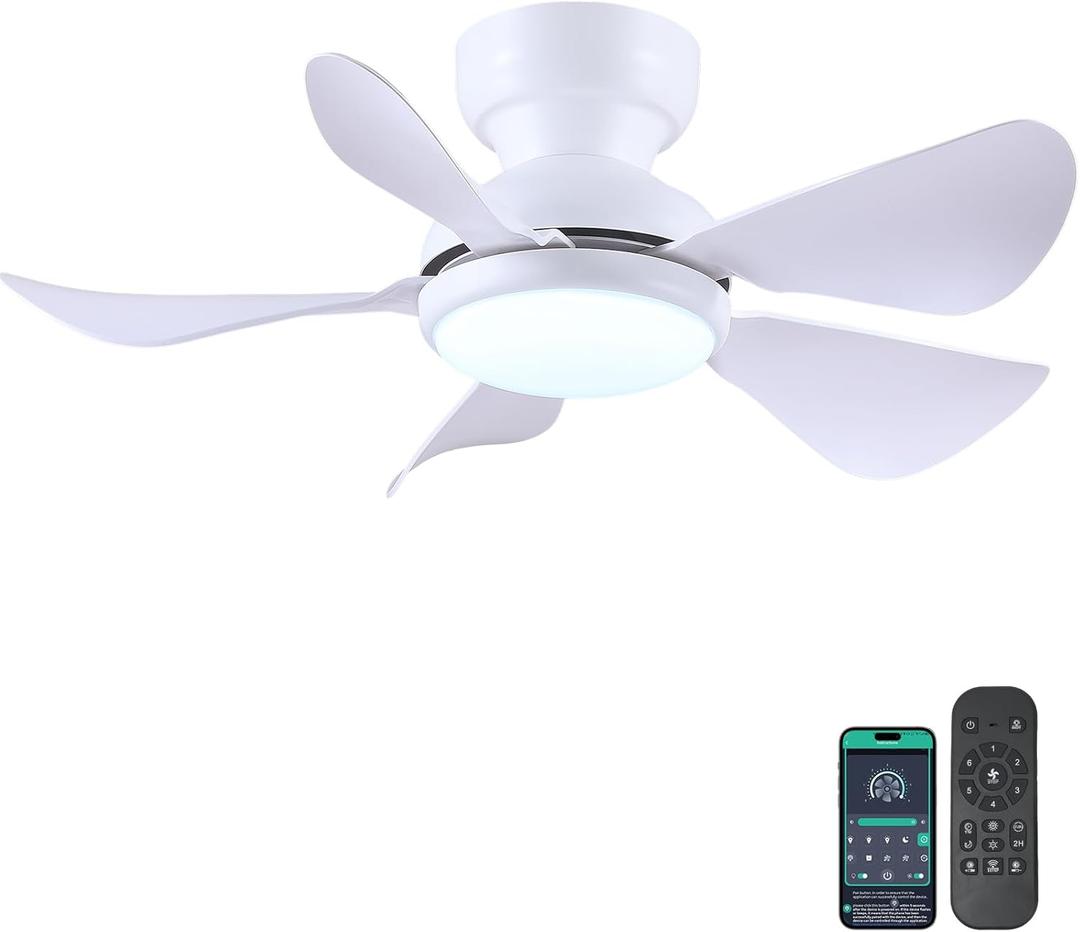 Kviflon 32 Inch Modern Ceiling Fans with Lights, Small Flush Mount Ceiling Fan with Light and Remote/APP Control, 5 Reversible 6 Speeds Curved Blades, 3 CCT Dimmable Lights for Kids Room, White