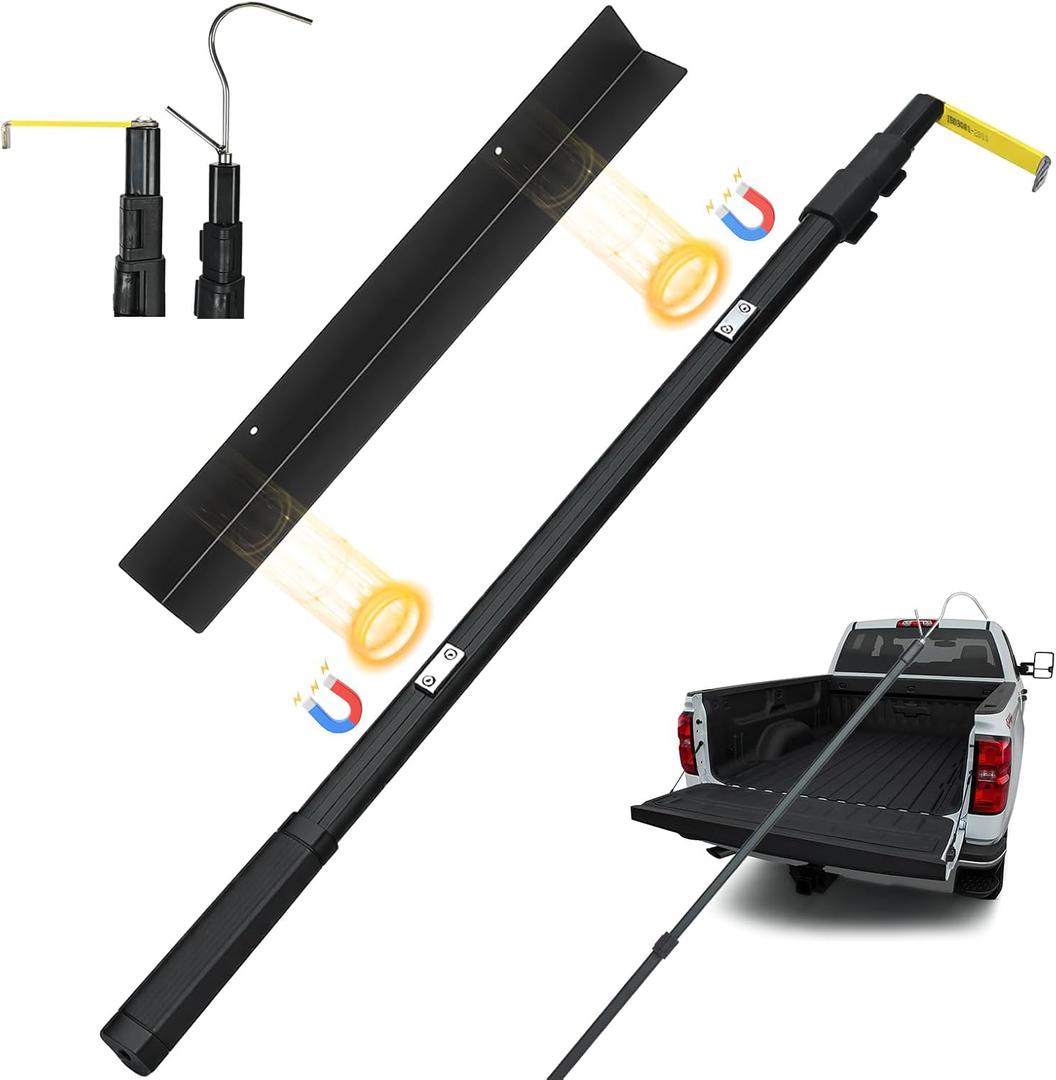 Magnetically Mounted 6.9 Ft Truck Cargo Grabber Reach Retriever Tool Upgraded Extendable Pickup Truck Bed Accessories, Multi-Use Telescoping Truck Bed Reach Tool with Two Hooks