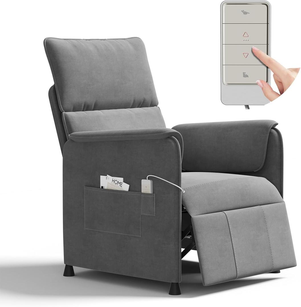 Recliner ChairElectric Adjustable Flannelette Recliner with Remote Control and Padded Backrest,Home Theater Recliner Single Sofa Seat with Thick Seat Cushion for Living Room Bedroom (Grey)