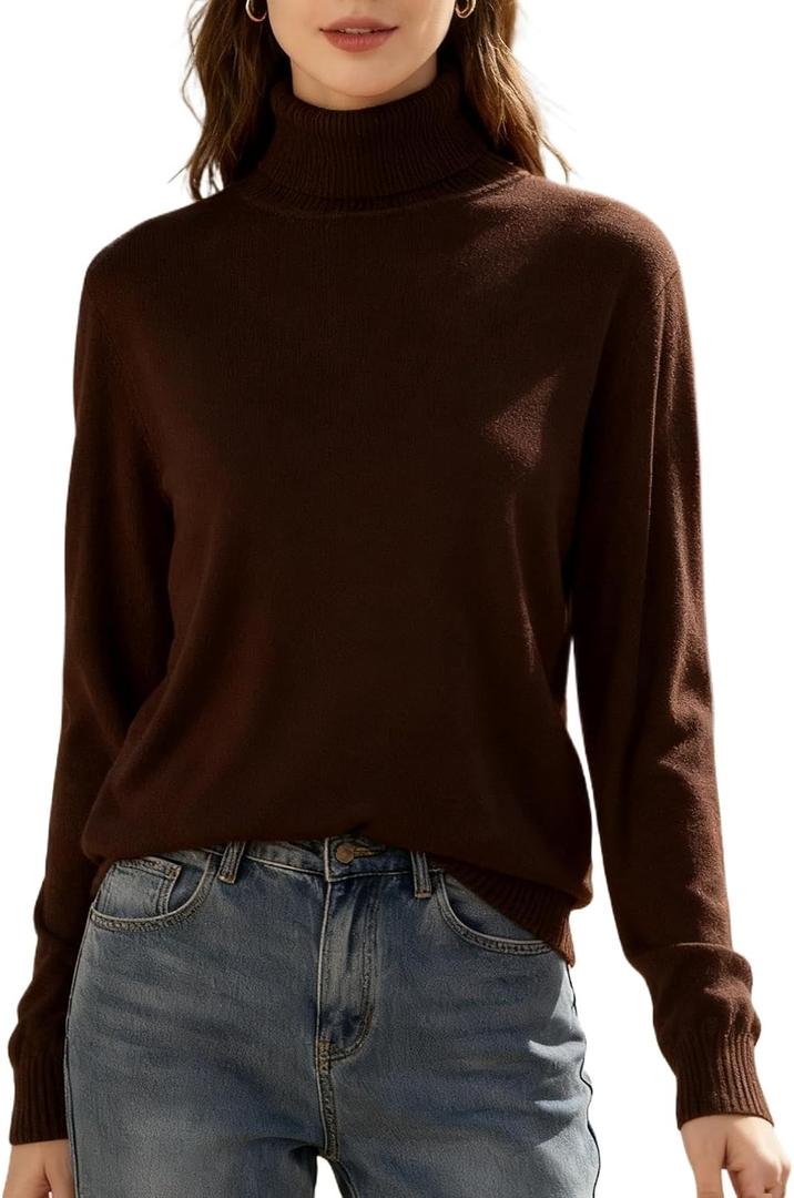 SANGTREE Women's Turtleneck Sweater Long Sleeve Casual Fall Winter Knit Pullover Sweater Top Brown, Large