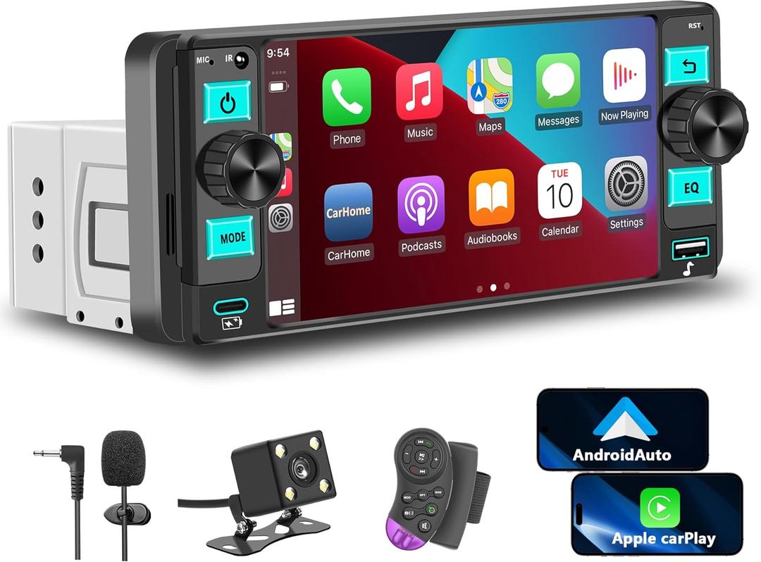 Single Din Car Stereo  Dual Knob Touchscreen Radio with Wireless Apple CarPlay & Android Auto Upgrade Your Classic Car with Easy Installation, Backup Camera Ready, Bluetooth, GPS, FM/AM, USB, EQ (Black)