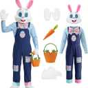 Adult Easter Bunny Costume, Deluxe Rabbit Plush Mascot Outfit with Head, Plaid Shirt, Overalls, Medium