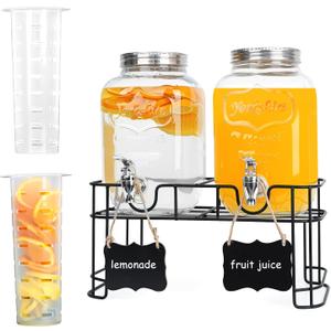 2-Pack 1 Gallon Glass Drink Dispensers for Parties - Leak-Proof Beverage Dispenser with Stand, Spigot, Ice Cylinder & Chalkboard Labels - Perfect for Lemonade, Iced Tea, and Party Drinks