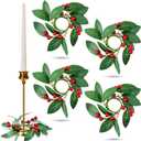 4 Pcs 1.26'' Christmas Candle Ring Wreath Mini Berry Garland Artificial Candle Holder Rings for Christmas Table Centerpiece Home Party
