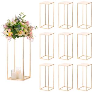 Sziqiqi Wedding Centerpieces Vase for Tables with Plates - 10 Pcs Metal Column Geometric Flower Stand 23.6in Gold Flower Display Rack Decorations for T-Stage Reception Party Fiesta Event Home