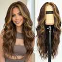 AISI HAIR Chocolate Brown with Caramel Highlights Wig for Women, Long Wavy Lace Hairline Middle Part Synthetic Heat Resistant Wig for Daily Party-26 Inch