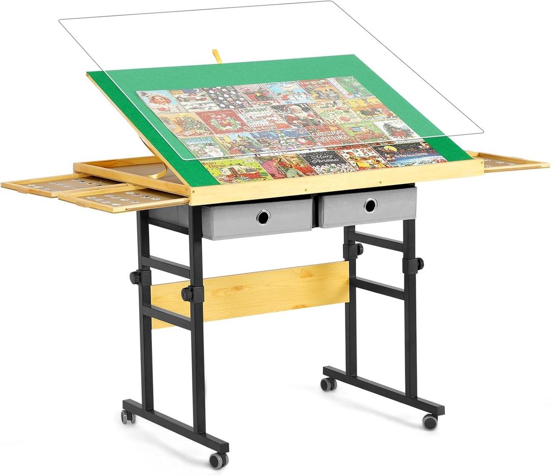 34.25" x 25.2"Adjustable Puzzle Table with 4+2 Drawers, Non-Slip Surface Puzzle Board, Tilting & Height Adjustment, 360 Wheels, and Protective Cover for mom